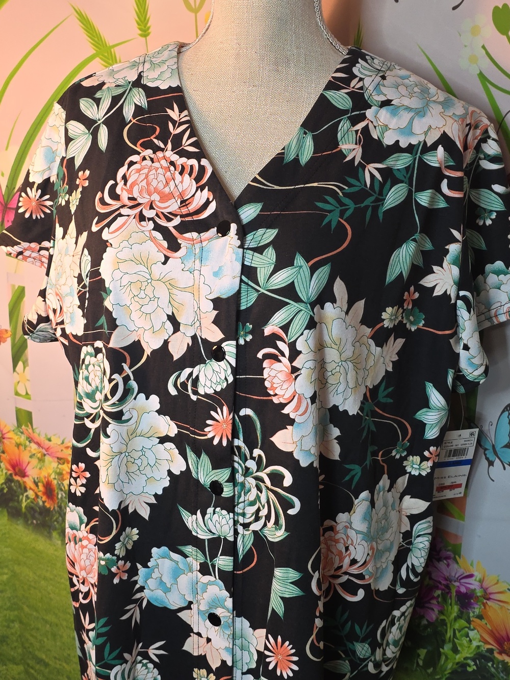 Miss Elaine Black Floral V-Neck Short Sleeve Robe Or House Coat In XL & Small - Picture 5 of 8
